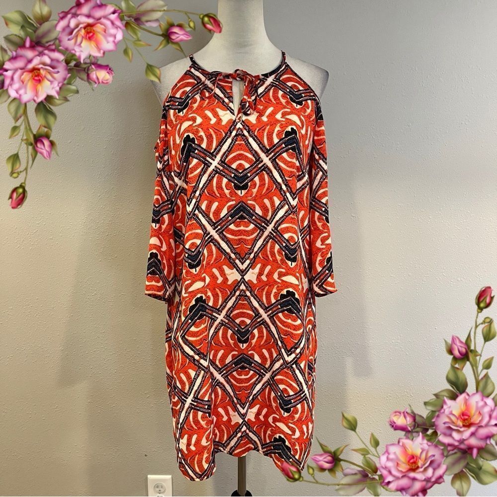 Vibrant Geometric Pattern Cold Shoulder A-Line Dr… - image 1